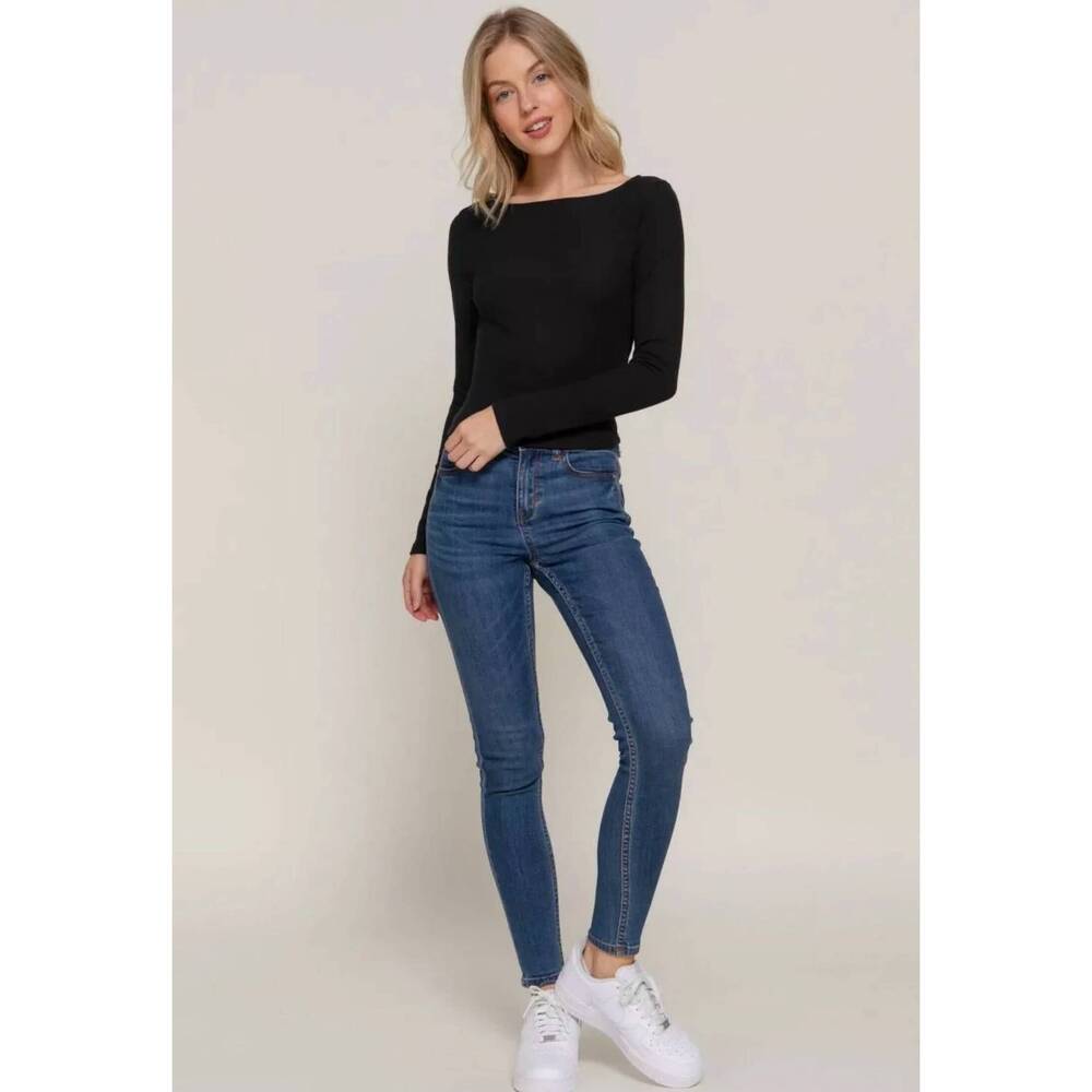 NEW ACTIVE BASIC long sleeve fitted boat ribbed knit top in black